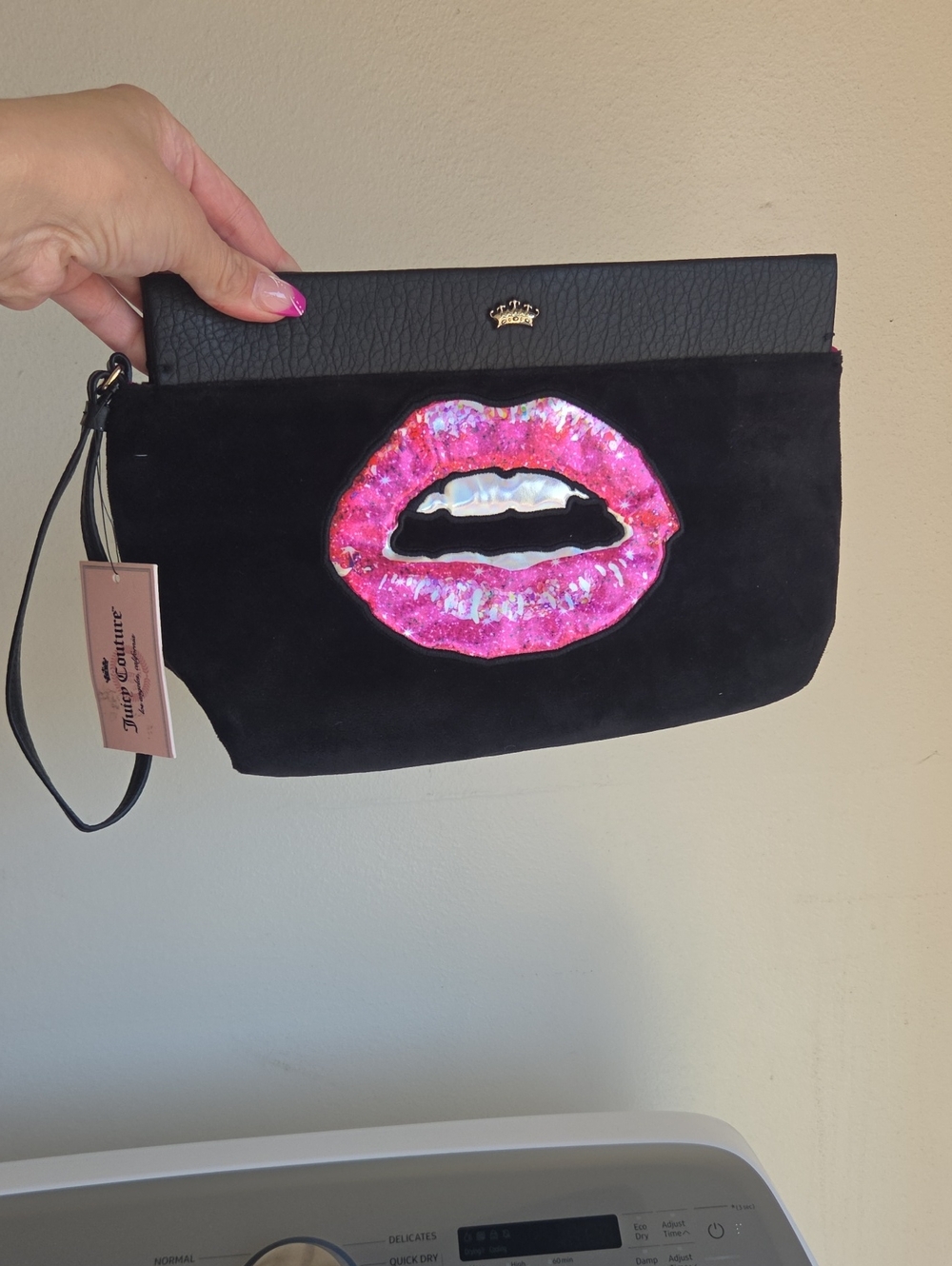 Juicy couture black velvet clutch with lips wristlet New